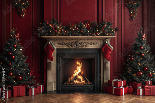 Luxurious Christmas Living Room with Fireplace and Festive Decorations