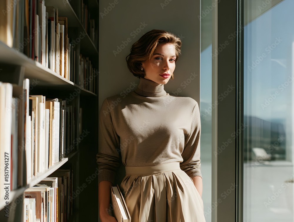 Fototapeta premium woman in a beige turtleneck and pleated skirt 