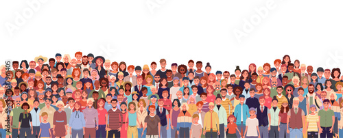 Crowd of multicultural people seamless vector pattern. Adults, kids, teens, and seniors. Group of men and women of various ages and ethnicities.
