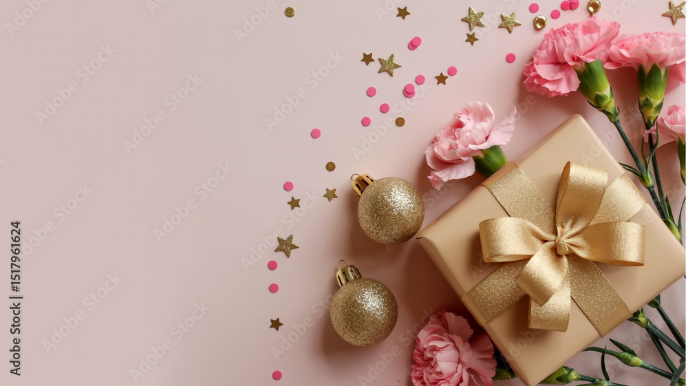 A flat lay photograph of a gift-giving composition on a light pink background. A flat lay photograph of a gift-giving composition on a light pink background.
