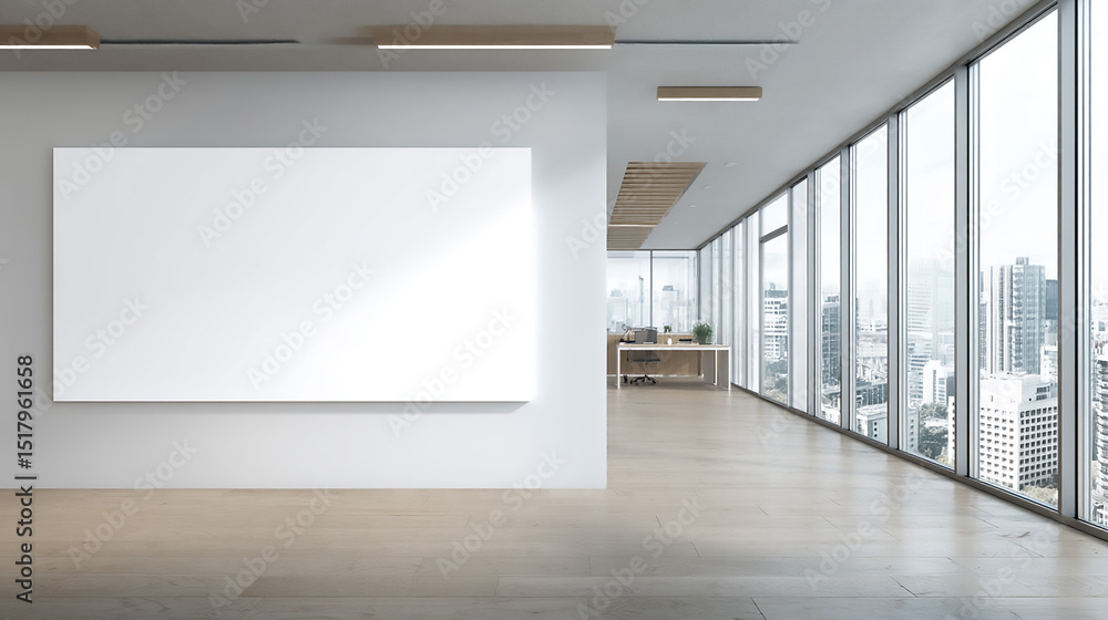 Bright office space with a blank white canvas on the wall and large windows Bright office space with a blank white canvas on the wall and large windows