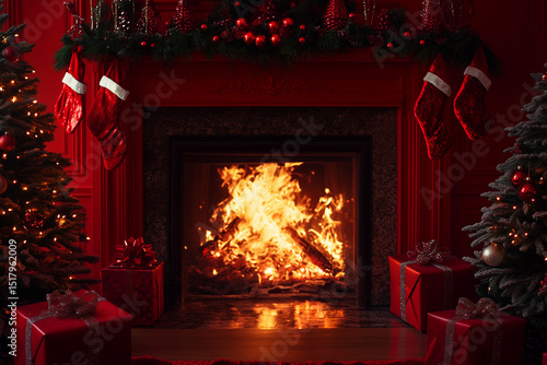 Luxurious Christmas Living Room with Fireplace and Festive Decorations