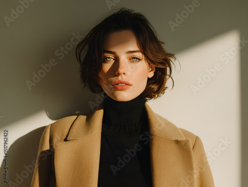 woman in a camel wool coat and black turtleneck 