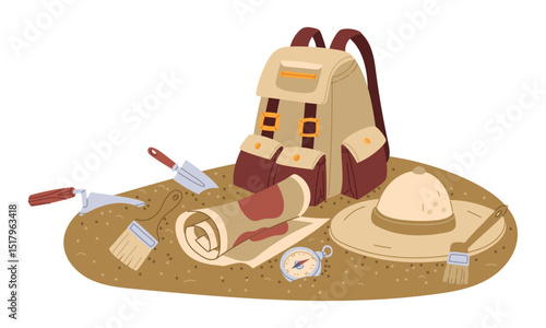 Archaeologist's objects for working in sand. Archaeologist's backpack, hat, brush, map, shovel. Flat color illustration. Working tools. for educational materials, subjects related science, archeology