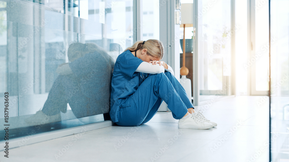 custom made wallpaper toronto digitalHealthcare, nurse and stress on floor in hospital hallway with bad news, treatment fail and regret. Health expert, woman and overwhelmed with anxiety for medical doubt, clinic crisis and patient loss