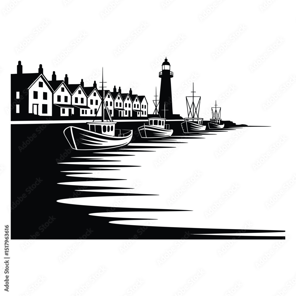 Fototapeta premium Fishing Village Skyline Silhouette, Vector, Illustration, Icon, Logo, White Background.