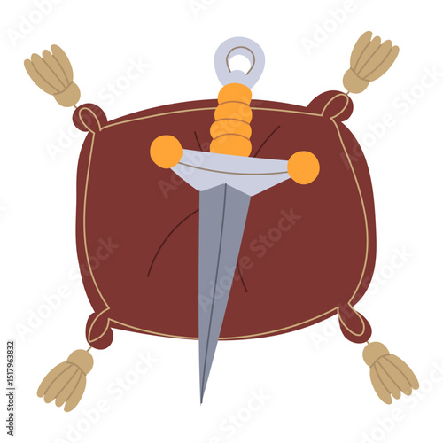 The sword lies on the pillow like a museum piece. Military weapons. The subject of the story. Flat color illustration. For scientific projects, encyclopedias, museum exhibitions, history materials