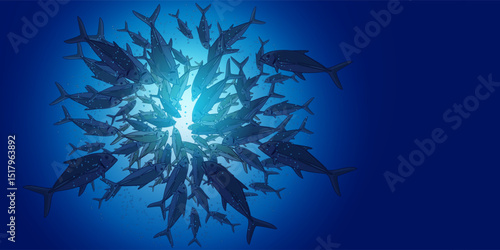 Abstract jamb fishes underwater sea ecosystem. School of fish caranks on blue background. Banner alive fish in freedom. Vector illustration.