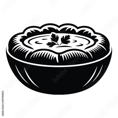 Clam Chowder Bread Bowl Silhouette, Vector, Illustration, Icon, Logo, White Background.