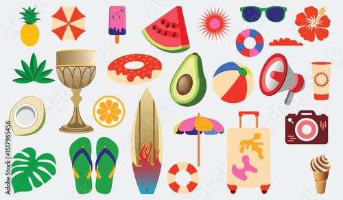 Colorful creative summer time concept elements set plants items