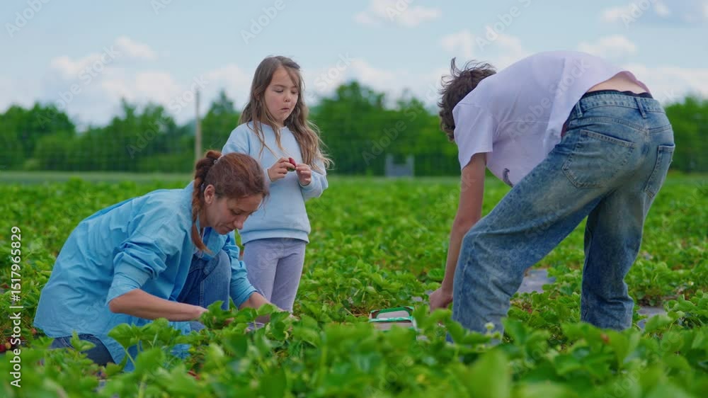 Mother with her little daughter and teenage son picking strawberries in a strawberry patch. Strawberry harvest Mother with her little daughter and teenage son picking strawberries in a strawberry patch. Strawberry harvest