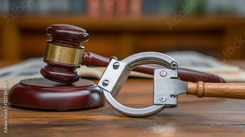 Handcuffs and wooden gavel. Crime and violence concept. realistic photo