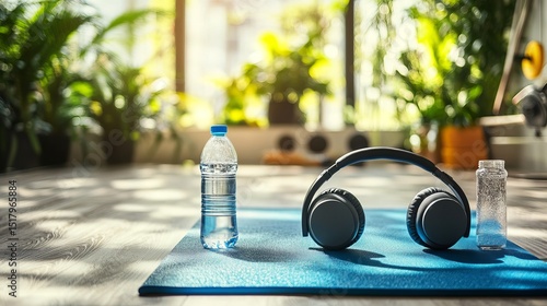 Headphones, mat and dumbbells with water bottle of fitness equipment or interior on floor at home. Empty room or space with headset, weights or liquid for health, wellness or tools for exercise