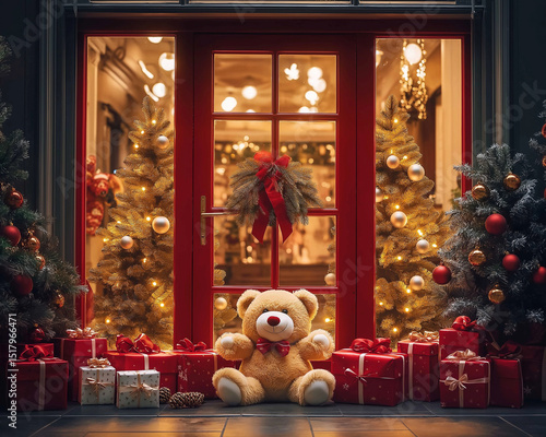 Cozy Christmas Storefront with Gifts, Teddy Bears, and Holiday Decorations
