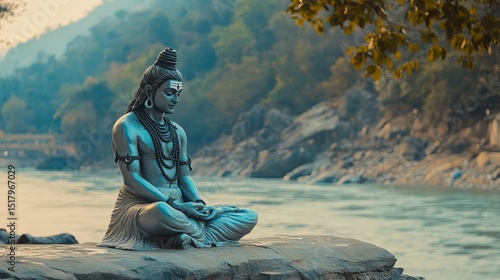 Lord Shiva statue on the banks of the sacred Ganges River in Rishikesh, India. 