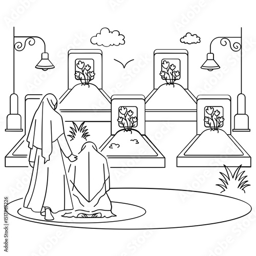 Women visiting graveyard concept,praying for mercy and forgiveness for those who have passed vector design, Eid al-Adha sketch Eid-al-Kabir Hajj drawing Traditional Arabic Muslim Festival illustration