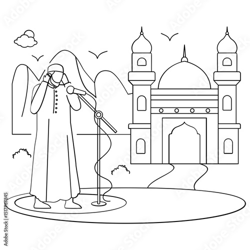 muezzin calling Arabic prayer recited concept, Person giving Eid Salah Loudspeakers in mosque vector design Eid al-Adha sketch Eid-al-Kabir Hajj drawing, Traditional Muslim Festival stock illustration