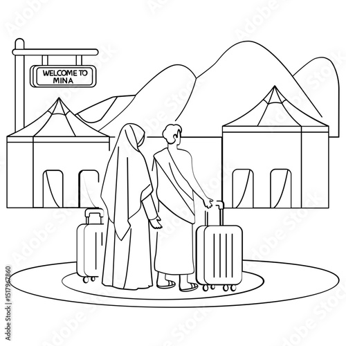 Arrival in Mina Beginning the Spiritual Journey concept, Spiritual Camping for couple Pilgrims vector design Eid al-Adha scene Eid-al-Kabir Hajj banner Traditional Arabic Muslims Festival illustration