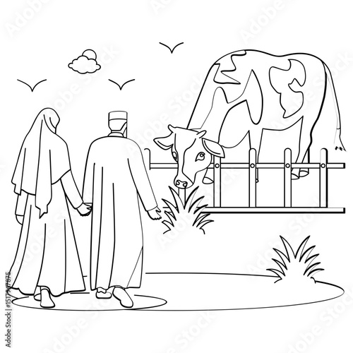 Together in Worship Honoring the Sunnah of Ibrahim concept, Quiet Moment Before the Ritual vector design, Eid al-Adha sketch, Eid-al-Kabir Hajj drawing Traditional Arabic Muslims Festival illustration