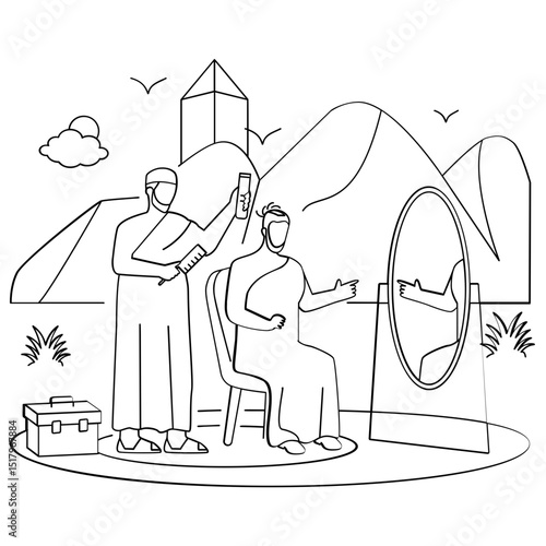 male pilgrim helper performing the Halq or Taqsir concept, final rites of hajj Shaving head vector design, Eid al-Adha sketch, Eid-al-Kabir Hajj drawing Traditional Arabic Muslim Festival illustration