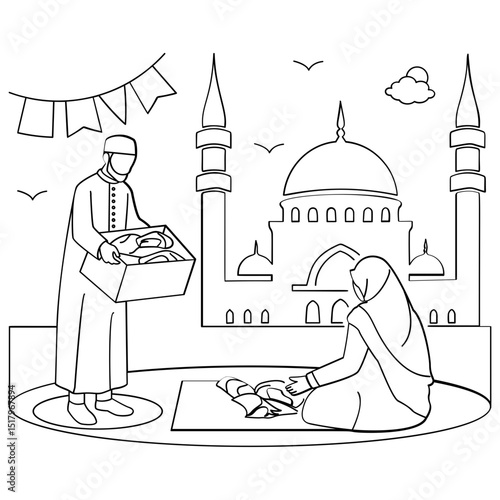 Saudi Man wearing Thawb Holding Meat Box concept Woman in headscarf preparing to distribute vector design, Eid al-Adha sketch Eid-al-Kabir Hajj drawing, Traditional Arabic Muslim Festival illustration