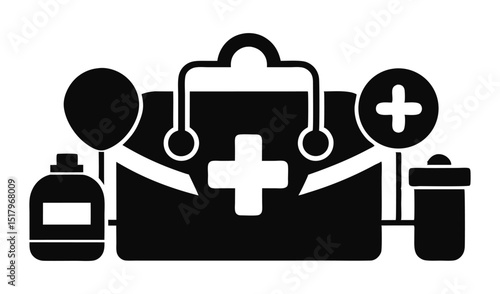 Black and White of First Aid Kit with Medicine Bottles and Pills