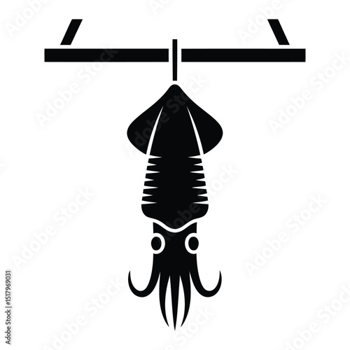 Squid Hanging Dry Rack Silhouette, Vector, Illustration, Icon, Logo, White Background.