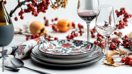 Tableware and decorations for serving a festive table. Plates, wine glasses and cutlery with decorative textile on white background.