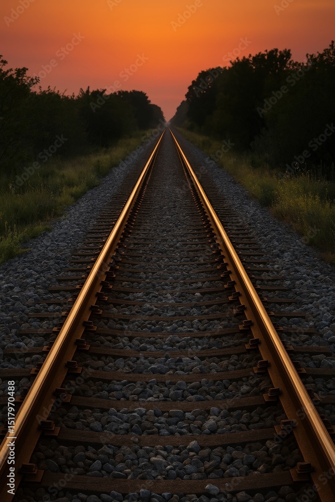 Fototapeta premium Train tracks leading to horizon under orange sky.