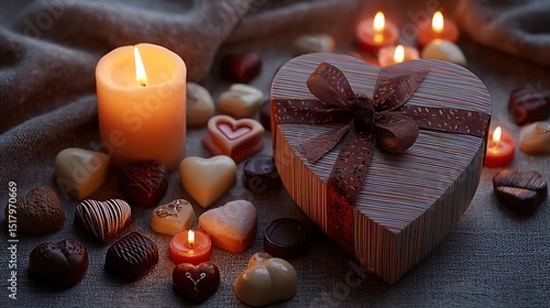 Romantic Valentine's Day Setting with Heart Shaped Gift and Chocolate (A Festive Scene)