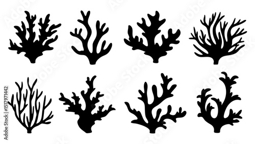 Seaweed silhouettes, coral black icon. Abstract organic shape, underwater plant, matisse element, cute sea doodle.