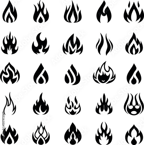 Collection of TwentyFour Black and White Flame Vector Icons in Various Shapes