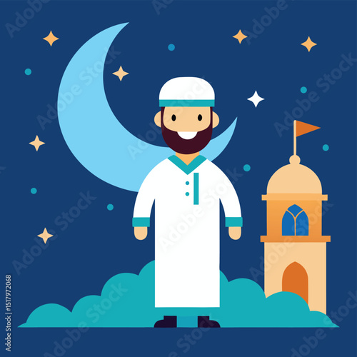A Joyful Flat Vector Illustration Celebrating Eid al Adha Featuring a Smiling Muslim Man in Traditional Attire Before a Mosque and Crescent Moon
