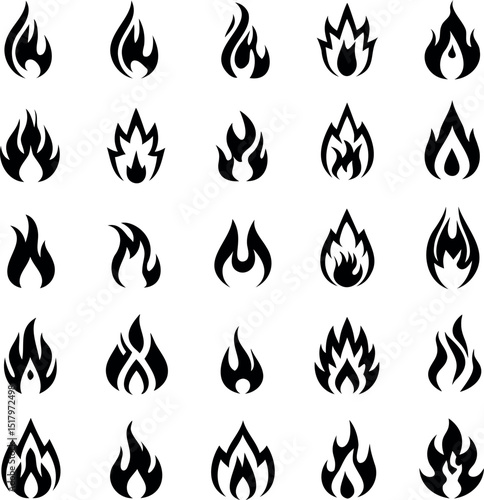 Collection of TwentyFour Unique Flame and Fire Icon Designs in Black