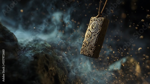 Antique Ornate Amulet Pendant Suspended in Mysterious Setting of Smoke