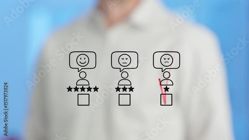 Low scoring customer satisfaction survey showing businessman giving negative feedback, touching one star rating and expressing disappointment with business service quality