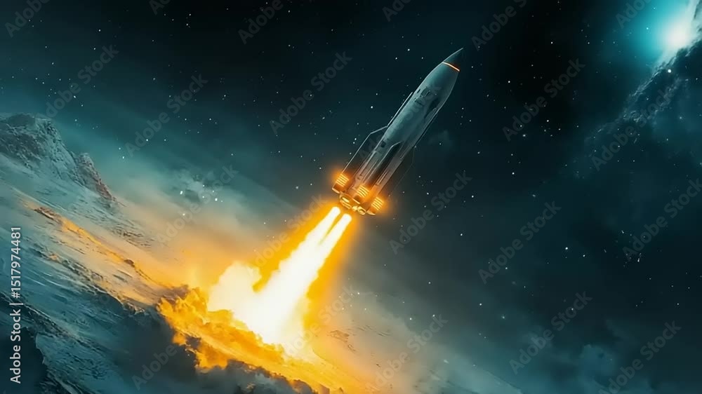 Rocket launching into space with fiery exhaust against a starry backdrop and distant planets Rocket launching into space with fiery exhaust against a starry backdrop and distant planets