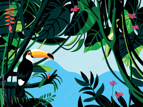 Bright color bird toucan in the thickets of the flowering rainforest. Handmade drawing vector illustration. Can be used in cards, books, banners etc.