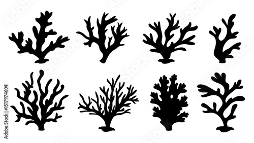 Seaweed silhouettes, coral black icon. Abstract organic shape, underwater plant, matisse element, cute sea doodle.