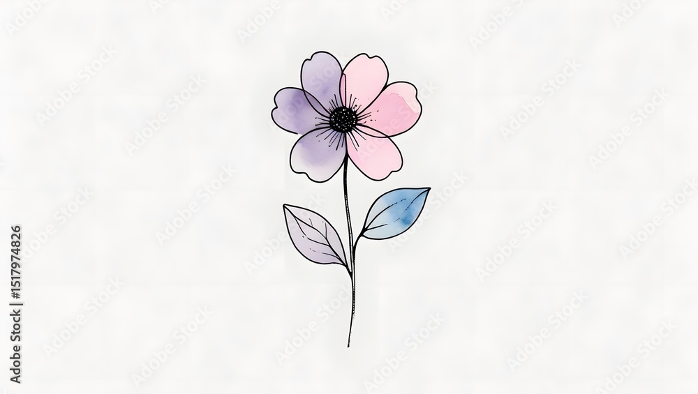 Naklejka premium Single flower drawing with delicate black ink outlines and soft pastel watercolor fill (pink, purple, or blue), isolated on white background.
