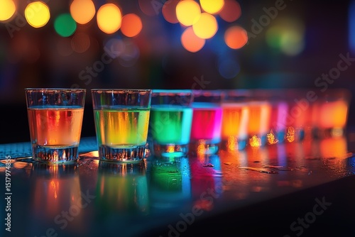 Vibrant photo of colorful cocktail shots lined up on bar counter, highlighted by dramatic lighting and soft focus bar lights in background