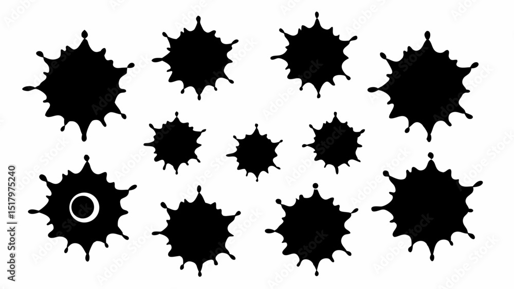 A collection of twelve black ink splatters, varying in size and shape, against a white background, ideal for design elements or artistic expressions. A collection of twelve black ink splatters, varying in size and shape, against a white background, ideal for design elements or artistic expressions.
