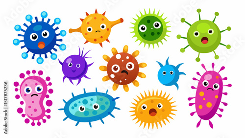 A collection of cute cartoon microbes with various expressions and colors, illustrating the diversity of microorganisms
