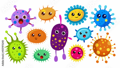 A collection of cute cartoon viruses in various colors and shapes, each with a unique facial expression, ideal for children's educational materials or playful designs.