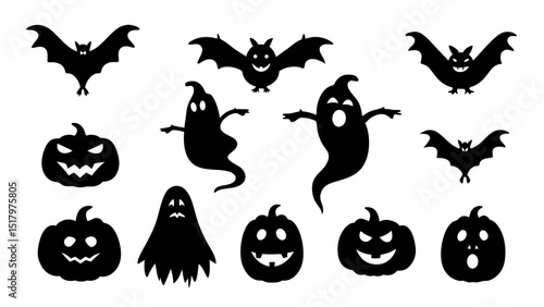 set of halloween icon silhouette vector on tranparent background