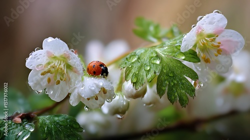 Ladybug Resting on Dew-Kissed Flowers in a Natural Setting