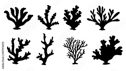 Seaweed silhouettes, coral black icon. Abstract organic shape, underwater plant, matisse element, cute sea doodle.