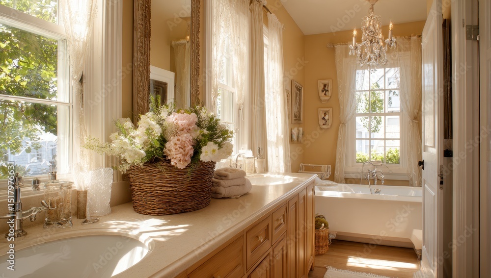 Fototapeta premium Bathroom interior with tub, sink and decor