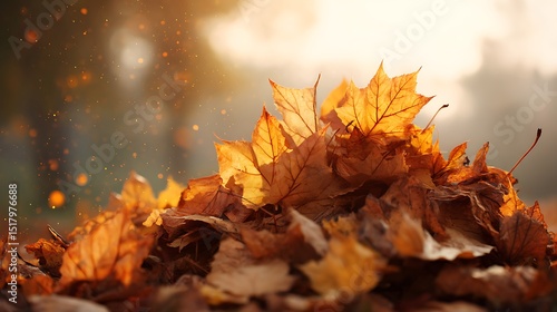 A Golden Cascade: Pile of Autumn Leaves Bathed in Sunlight Creates a Warm, Inviting Scene