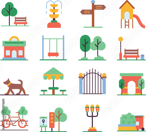 City Park illustration set. Includes of urban park, green space, public park, playground, garden, trees, and More. Vector flat color collection